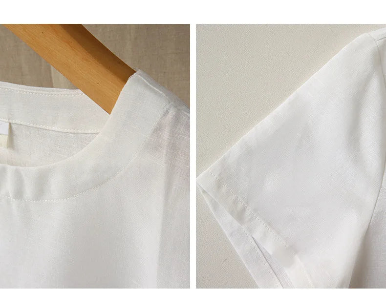 Linen Cotton T-shirt for Women's Summer Round Neck Short Sleeves Tee Casual Loose Breathable Fashion High Streetwear Female Tops